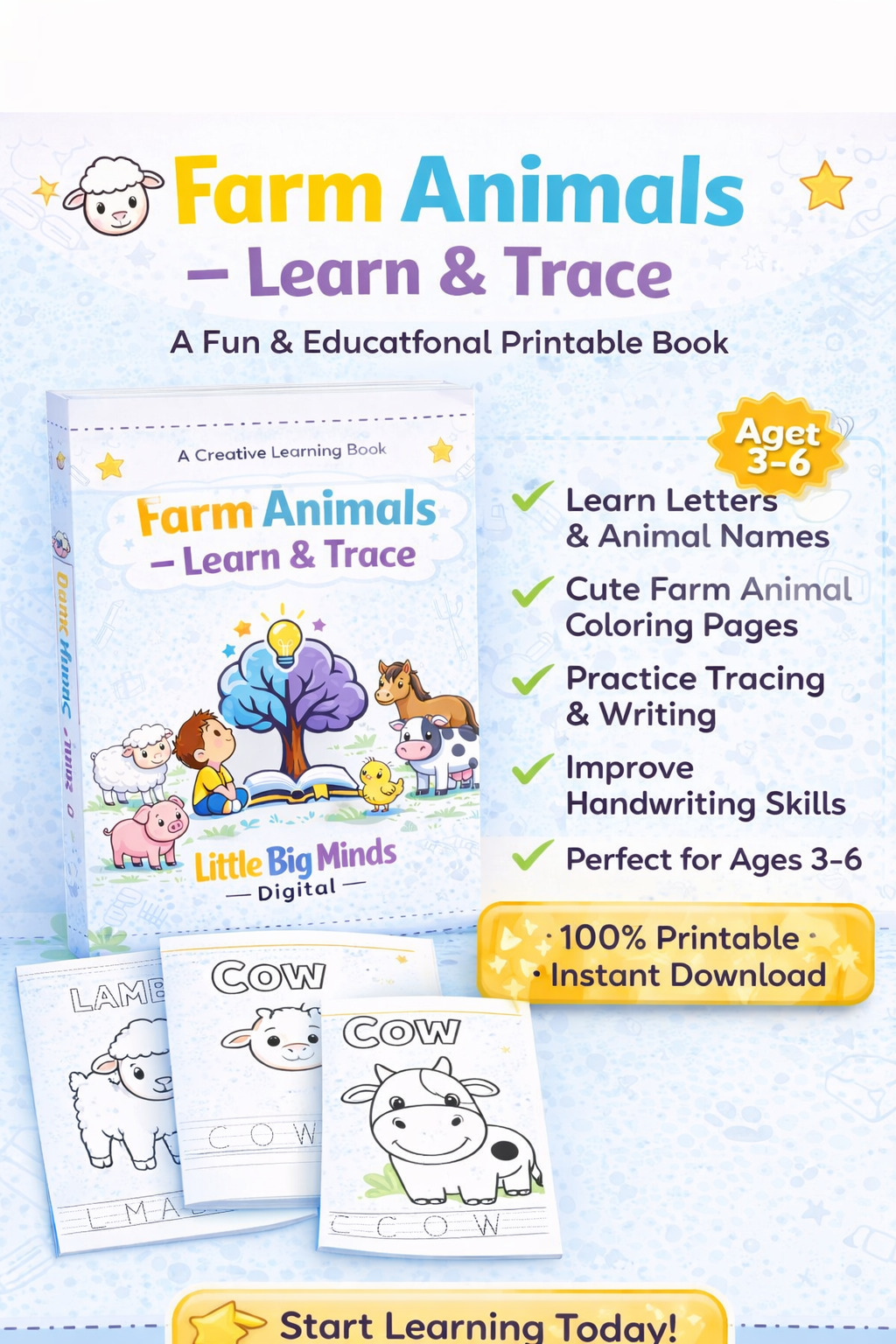 Farm Animals – Learn & Trace – Printable Coloring Book for Kids (PDF)