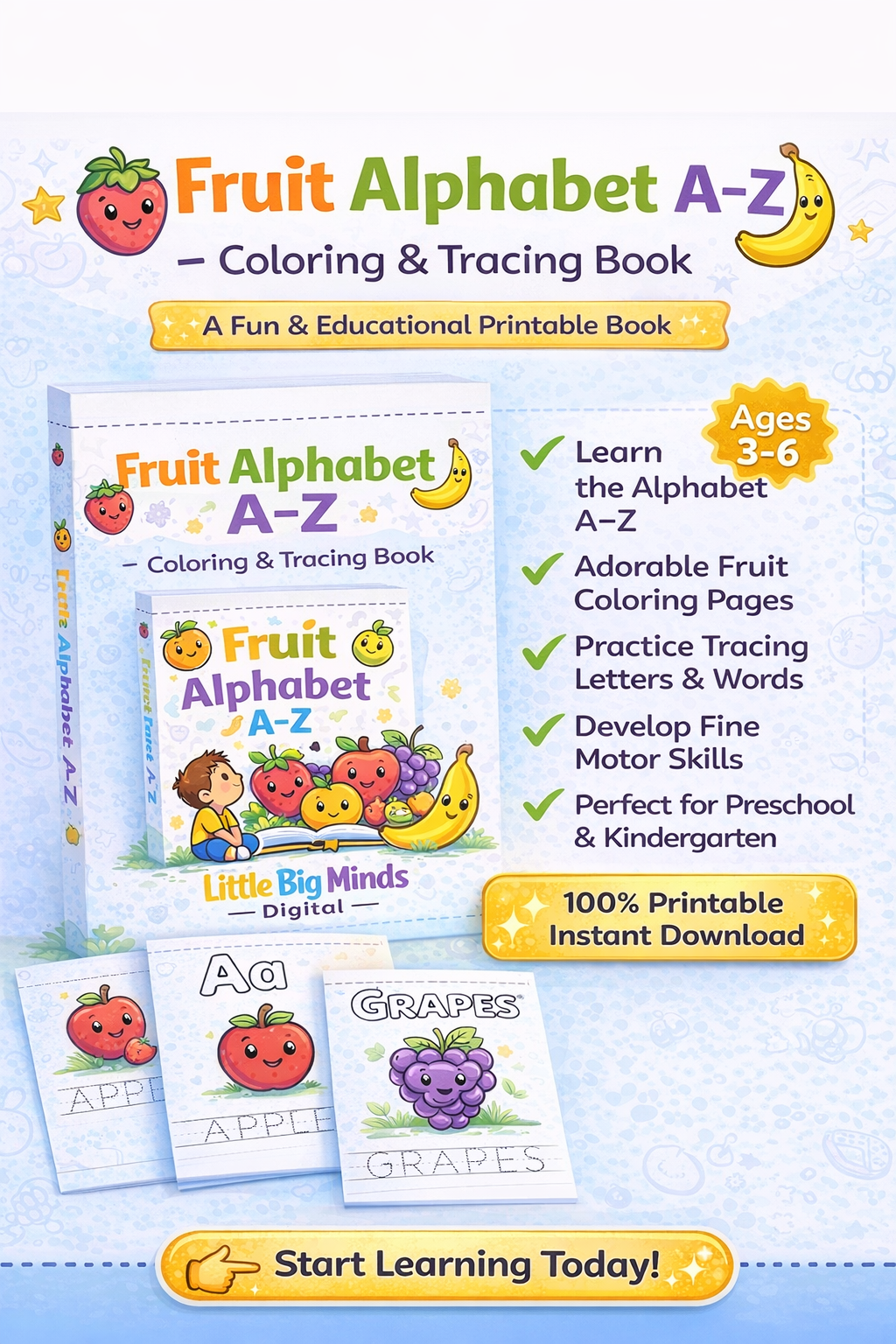 Fruit Alphabet A–Z – Printable Coloring Book for Kids (PDF)