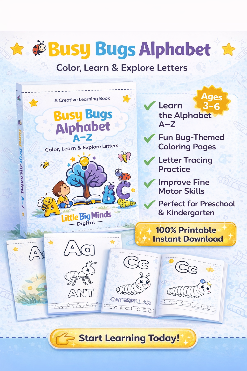 Busy Bugs Alphabet A–Z – Printable Coloring Book for Kids (PDF)
