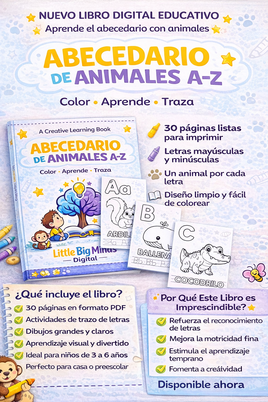 Abecedario de Animales A-Z - Libro para colorear imprimible para niños (PDF)