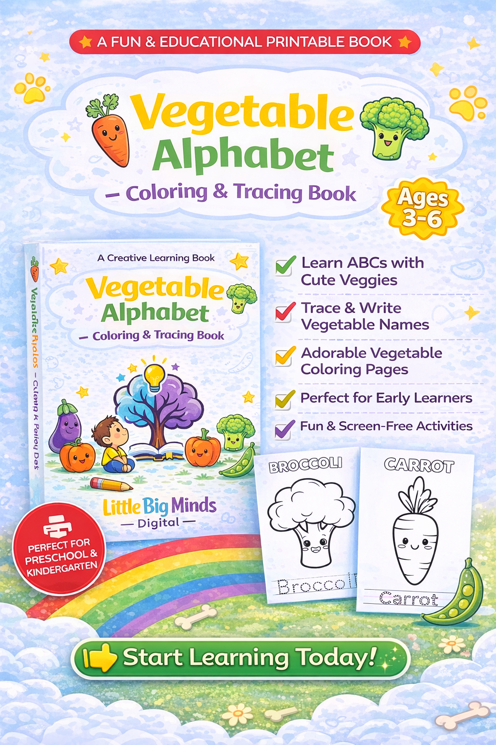 Vegetable Alphabet – Printable Coloring Book for Kids (PDF)